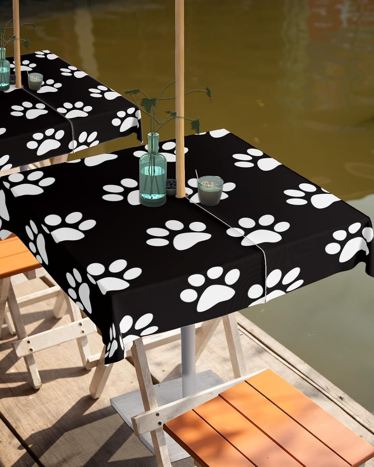 Mantel para exteriores con agujero para paraguas, estampado de patas de perro, mesas cuadradas en blanco y negro, colección de mesa impermeable para