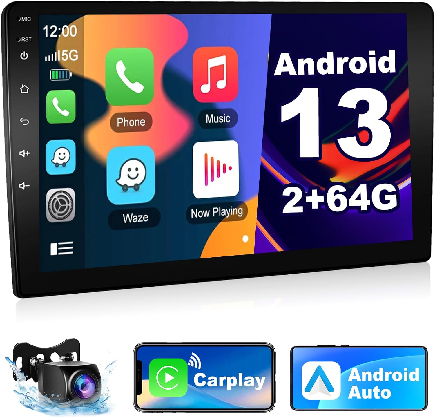 Podofo 2G+64G Doble DIN Android 13 Estéreo de coche inalámbrico Carplay Android Auto 9 “IPS Pantalla táctil Radio de audio para coche con control de