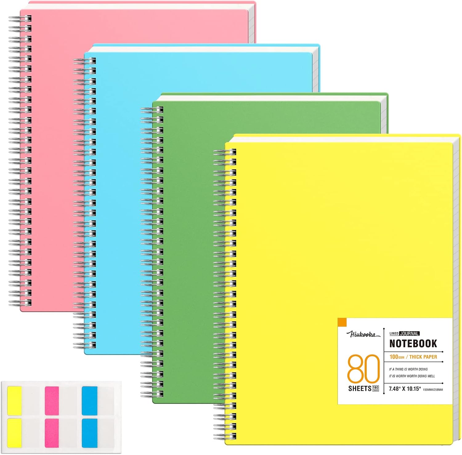 HIUKOOKA Cuaderno de rayas universitarias de 7.48 x 10.15 pulgadas (B5), paquete de 4 cuadernos de tapa dura en espiral con notas adhesivas, 160