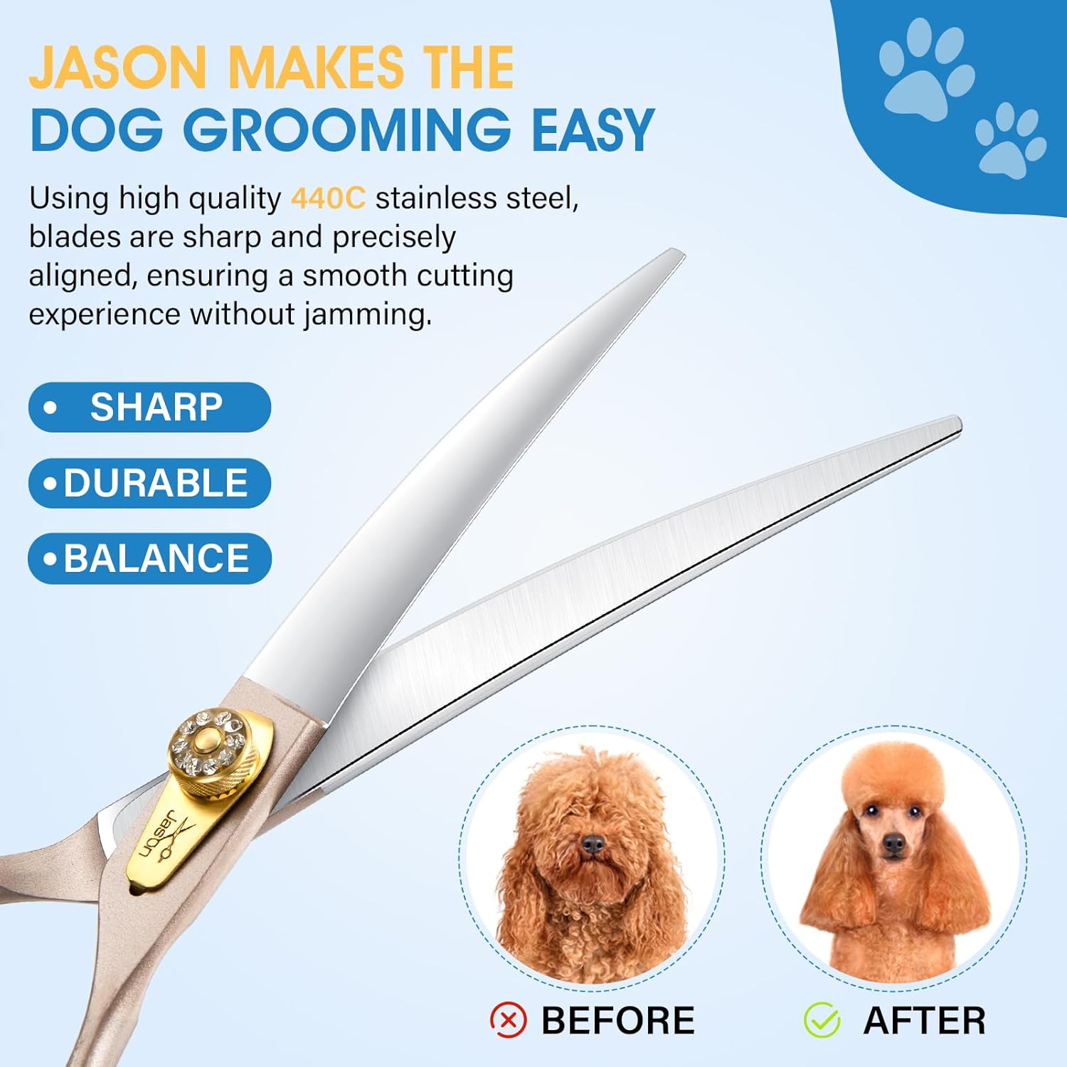 JASON Tijeras de aseo para perros de 7.5 pulgadas, tijeras curvadas profesionales con mango ergonómico, tijeras japonesas de acero inoxidable 440C