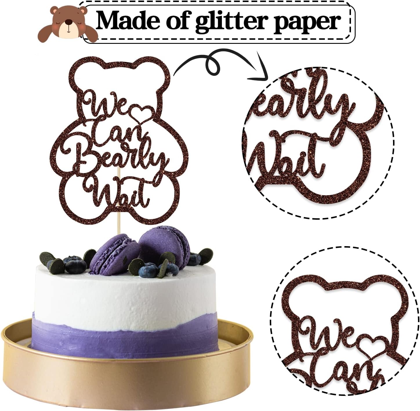 Decoración para tartas de We Can Bearly Wait con purpurina marrón, Welcome BabySweet BabyOh Baby, decoración de fiesta de revelación de género