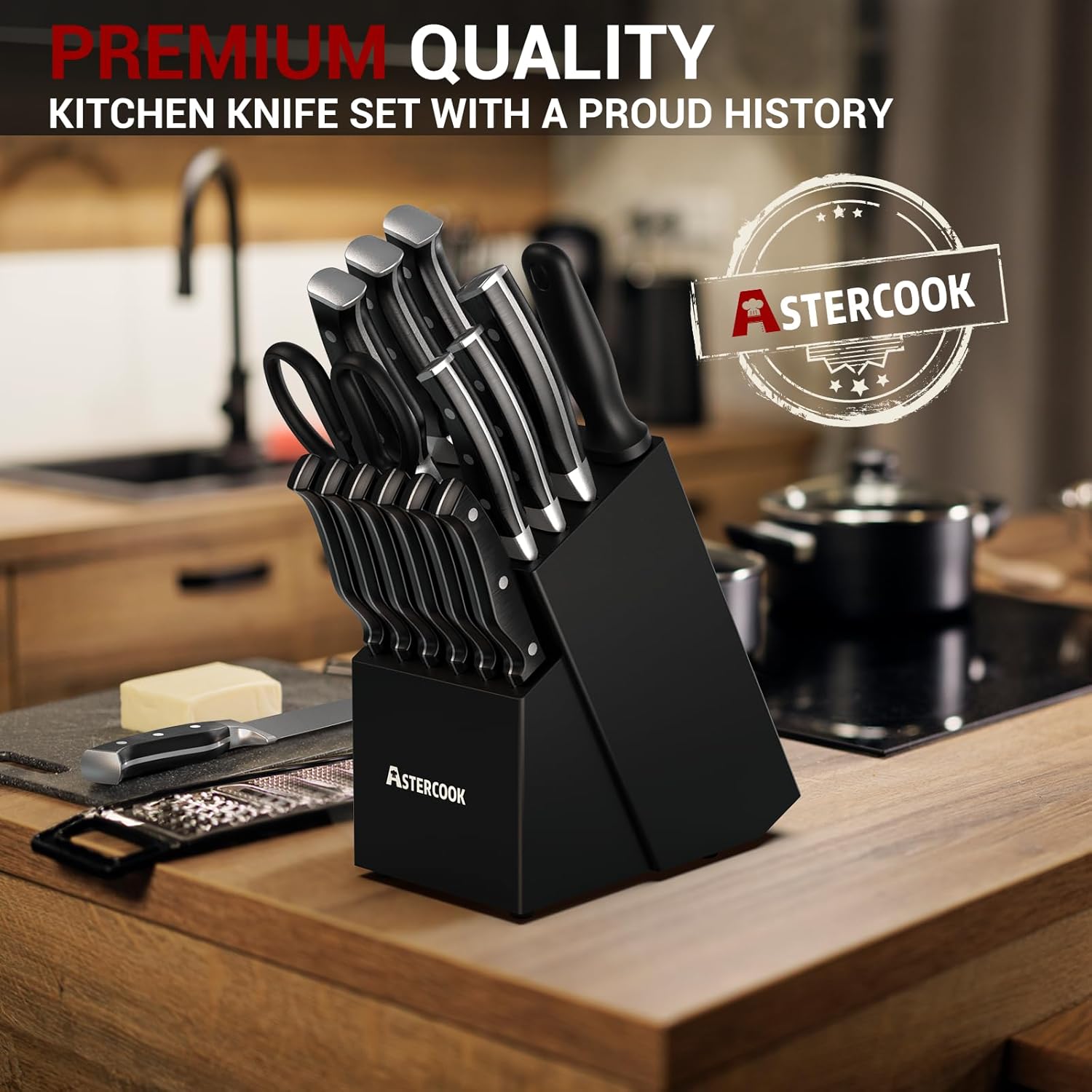 Astercook – Juego de cuchillos de cocina de 15 piezas de triple remache, juego de cuchillos de acero inoxidable de alto carbono para cocina con