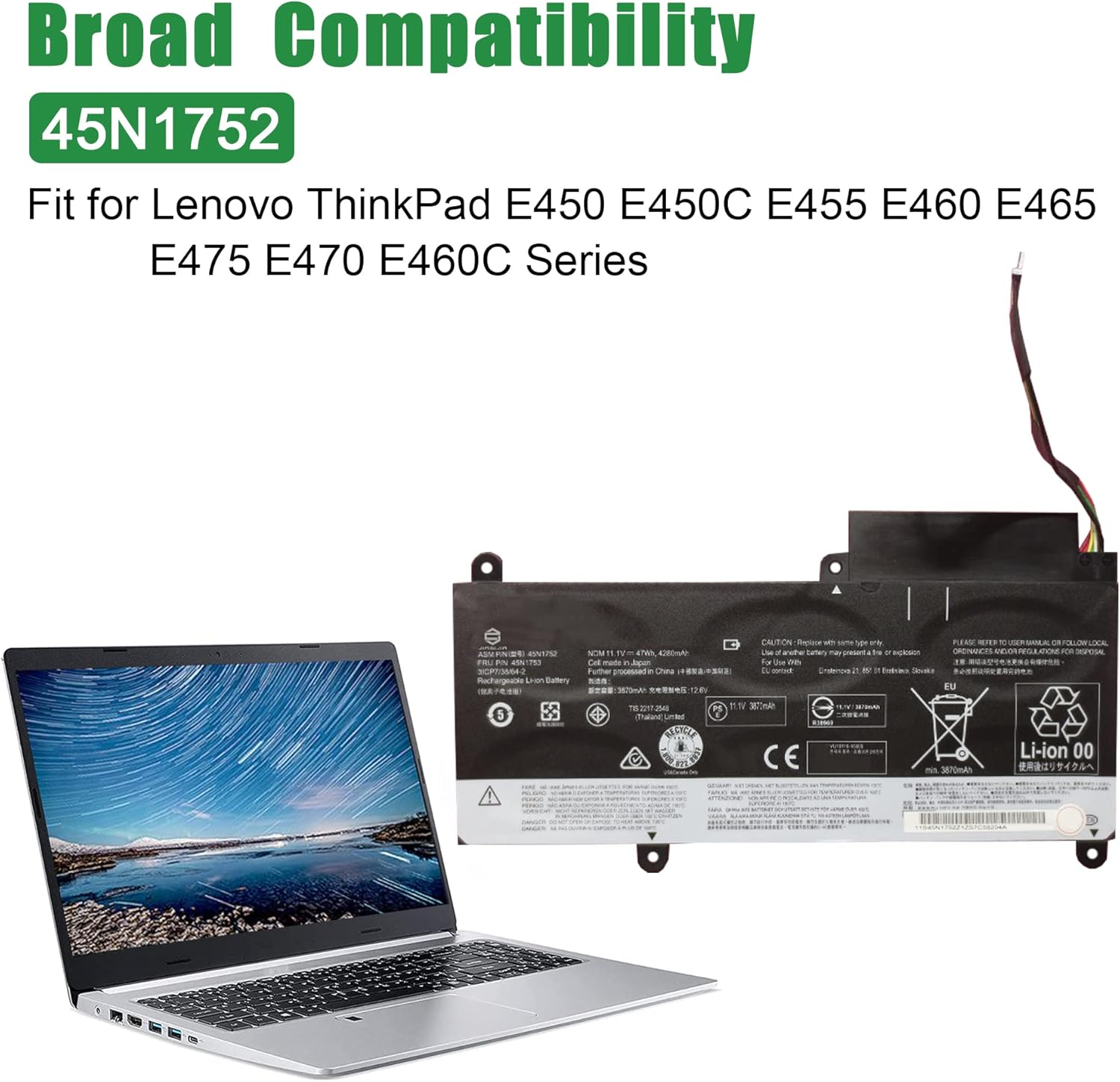 45N1752 45N1753 – Batería de repuesto para laptop Lenovo ThinkPad E450 E450C E455 E460 E465 E475 E470 E460C Series Notebook 45N1754 45N1755 45N1756