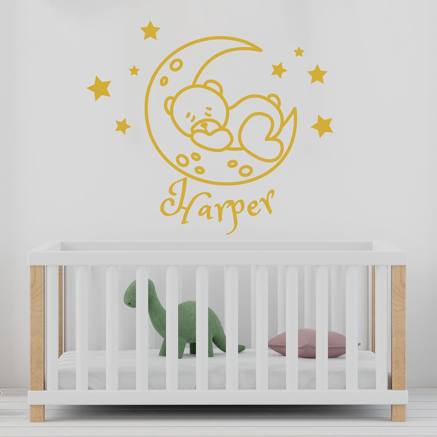 Calcomanías de pared con nombre de peluche de noche de cielo para niños, calcomanías de pared con nombre para niños, dibujo de oso dormido,