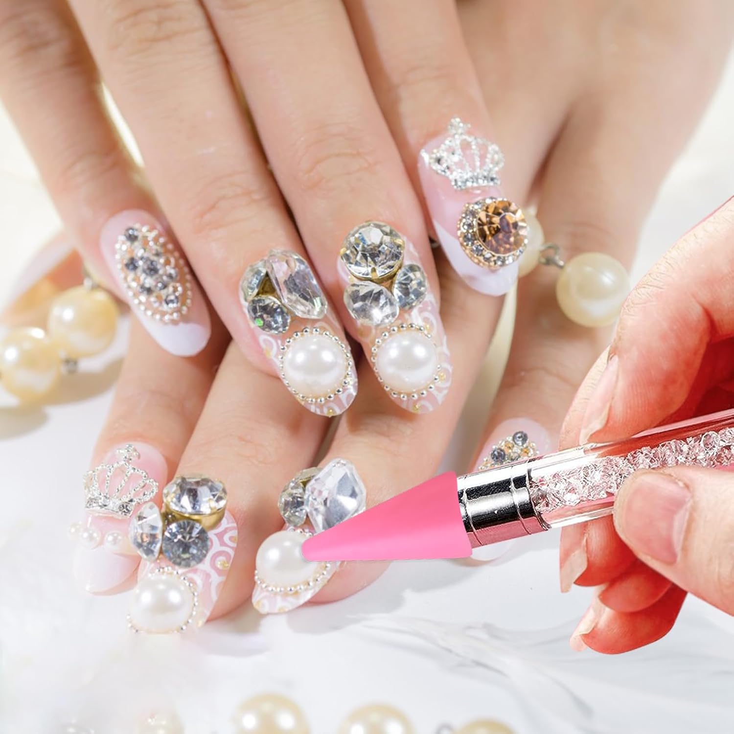12 piezas de puntas de cabeza de repuesto de cera de diamantes de imitación, herramienta para puntear de uñas, para recoger gemas de uñas, lápiz de