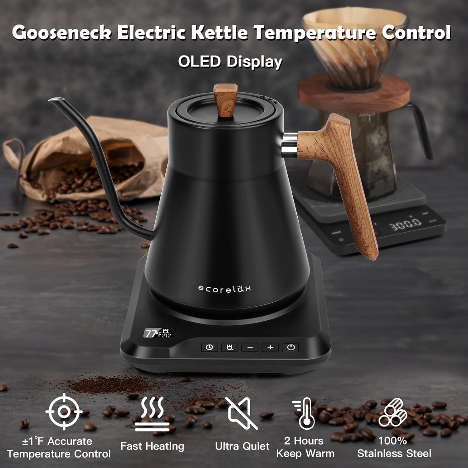 Ecorelax Hervidor eléctrico de cuello de cisne con control de temperatura preciso de  1 , 1200 W para café y té, 100% acero inoxidable, hervidor de