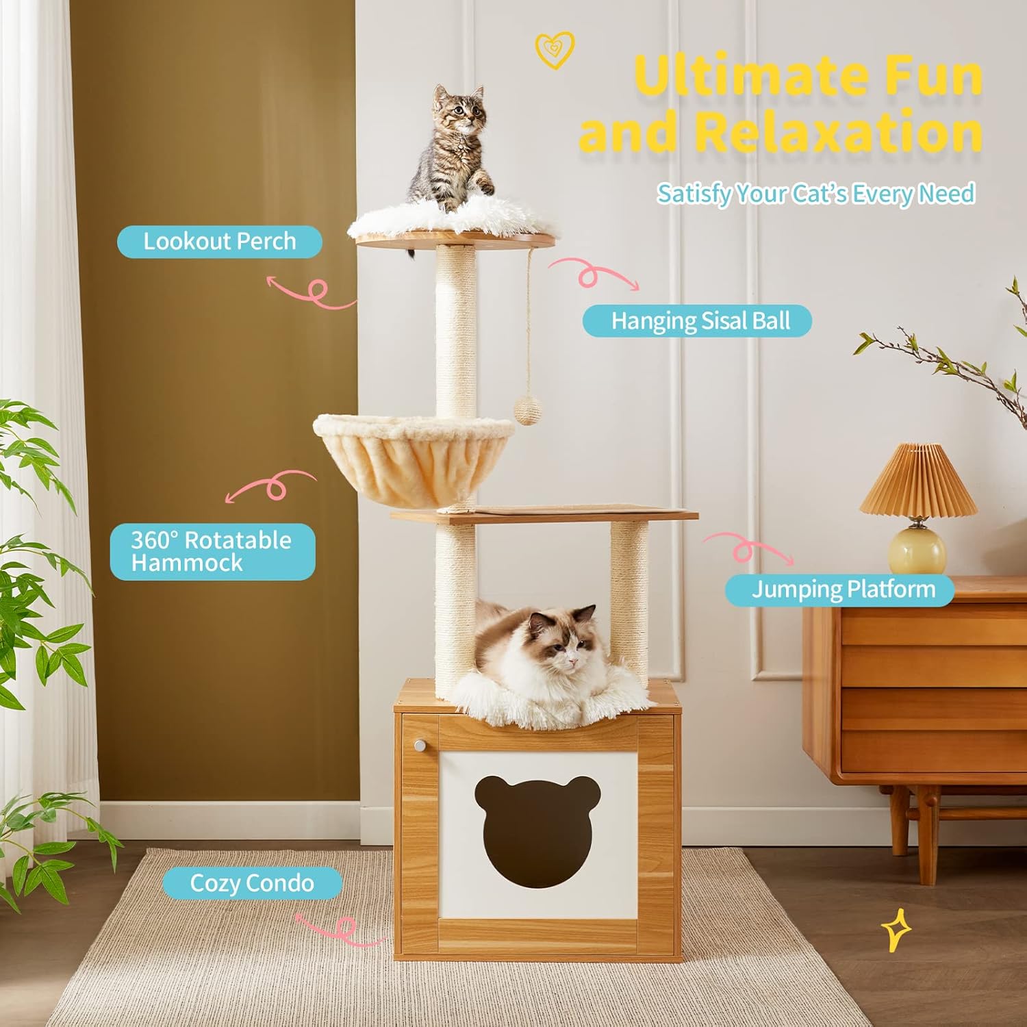 Made4Pets – Árbol para gatos con caja de arena, torre moderna 2 en 1 para gatos de interior, condominio de madera de 48.6 pulgadas con poste
