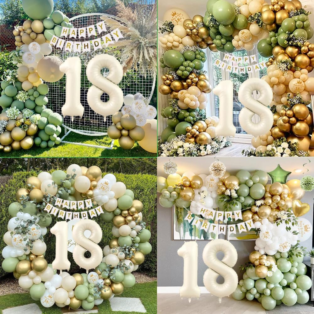 Decoraciones de cumpleaños 18 color verde salvia para niñas, juego de decoraciones de cumpleaños de 18 años verde oliva y dorado, pancarta de feliz