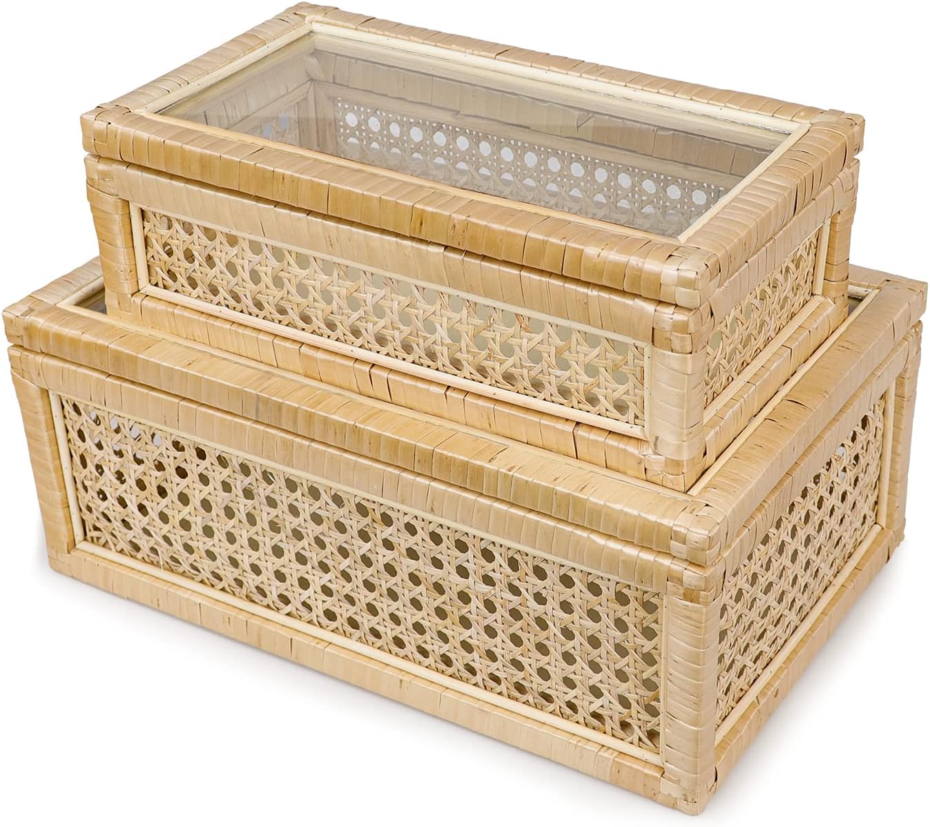 Caja decorativa de ratán con tapas de vidrio, juego de 2 cajas decorativas rectangulares para decoración del hogar, funda tejida de ratán para