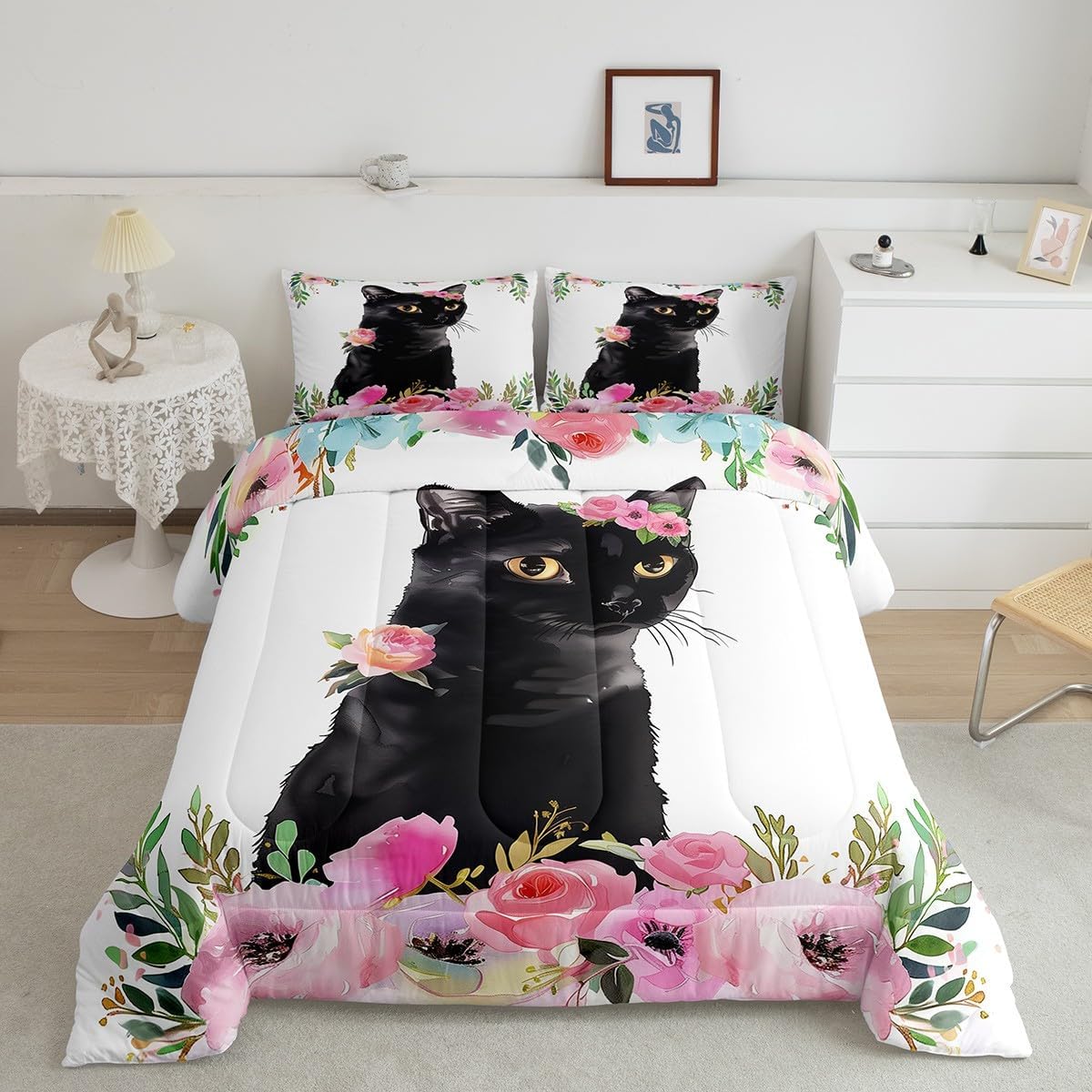 Erosebridal Juego de edredón de gato negro tamaño Queen, juego de ropa de cama de gatito para niños y niñas, bonito edredón de animales para