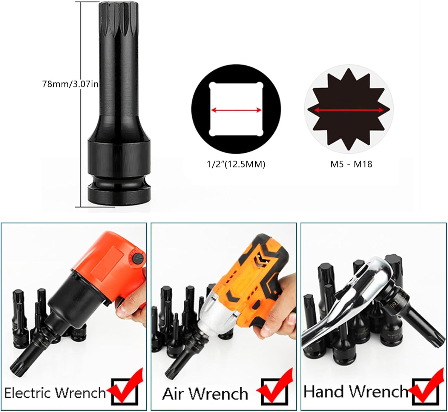 Juego de 10 piezas de 38 pulgadas M5 M6 M7 M8 M10 M12 M14 M16 M17 M18 Torx Star Driver Bit Set Drive Torx Bit Socket Set con estuche, Cr-Mo
