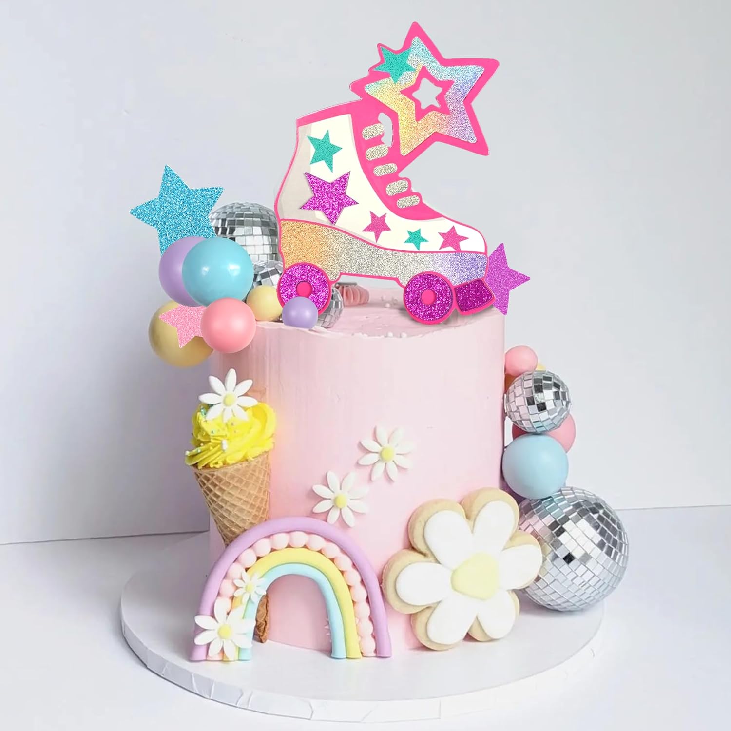 Decoración para tartas de patinaje sobre ruedas, bola de disco, decoración de pasteles de bolas pastel para niñas de los años 80 y 90, patinaje, hip
