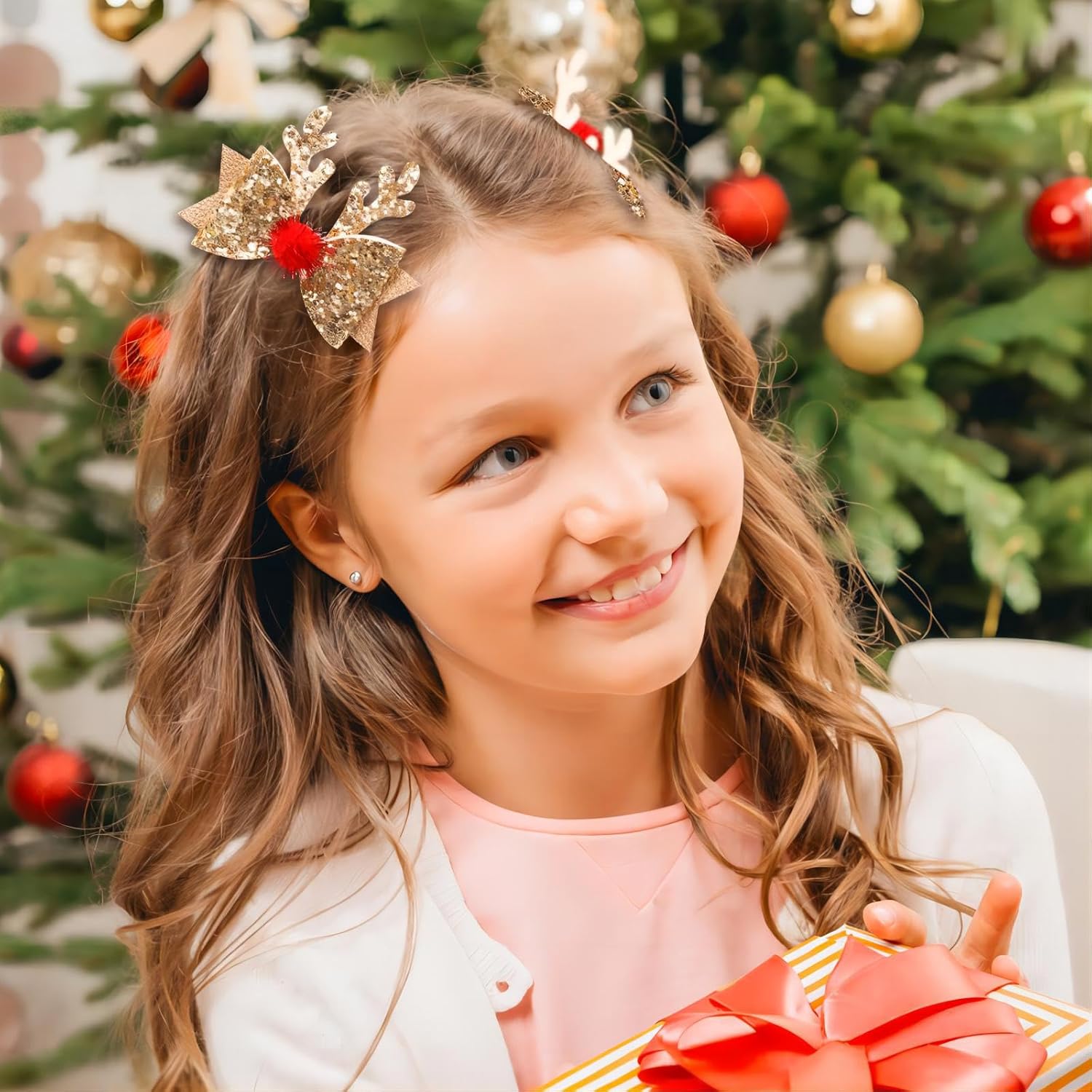 4 pinzas para el cabello de Navidad con purpurina y lazo, pinzas para el cabello con lazo de Navidad para niñas