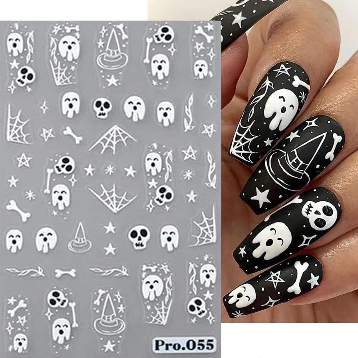 8 hojas de calcomanías de arte de uñas de Halloween, lindas calcomanías de fantasma, calabaza, calavera, gato, espeluznante, diseño de calavera
