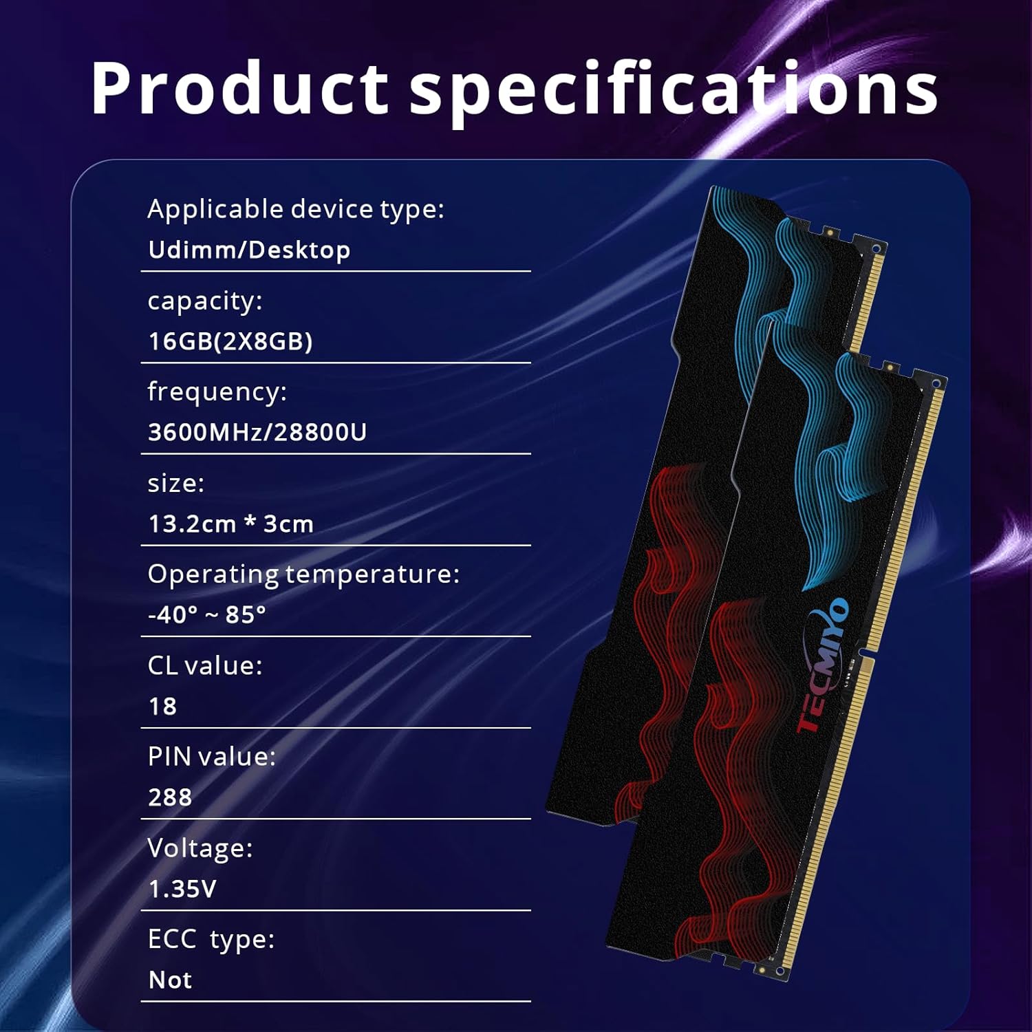 TECMIYO Value Gaming DDR4 16GB (2x8GB) 3600MHz (PC4 28800) 288-pin CL18 1.35V UDIMM módulo de memoria de escritorio con disipador de calor de