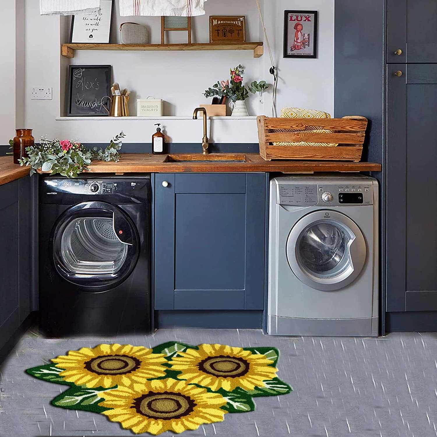 ABREEZE Alfombra de algodón tejida a mano con forma de girasol, alfombra lavable de baño, alfombra de interior para porche delantero, granja,