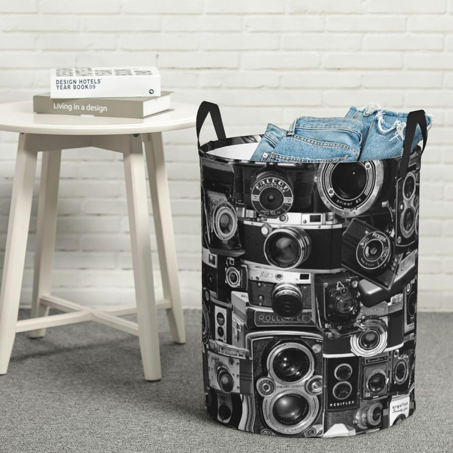 Cesta de ropa redonda impresa para cámara vintage, cesta de ropa impermeable con asas, bolsa de ropa circular de almacenamiento mediano