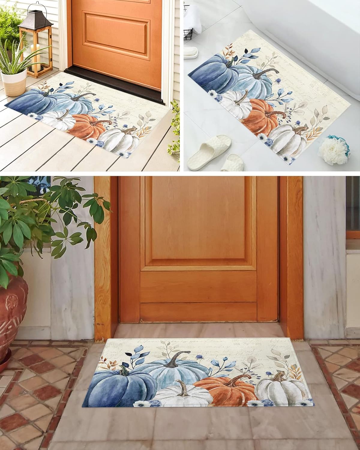 Elegant Pumpkins – Alfombra de baño antideslizante, suave, de pelo largo, peludo, de 16 x 24 pulgadas, vintage, azul, naranja, blanco, eucalipto,