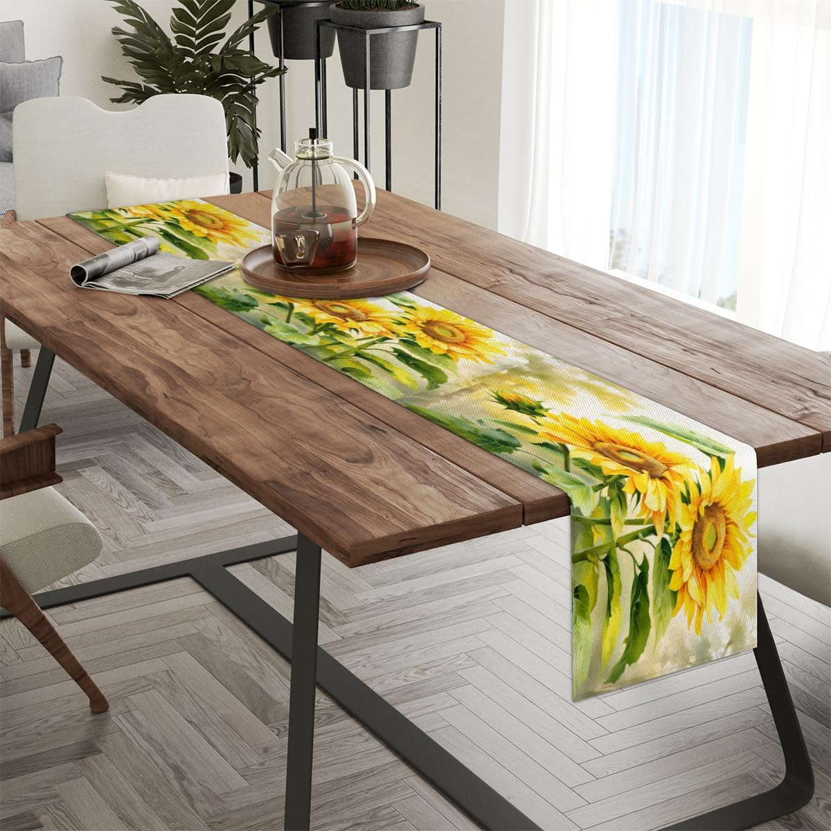 Table Runner Sunny Sunflower, Autumn Rustic Linen Table Cloth Kitchen Dining Table Decor for Home Party 13 x 72 Inches