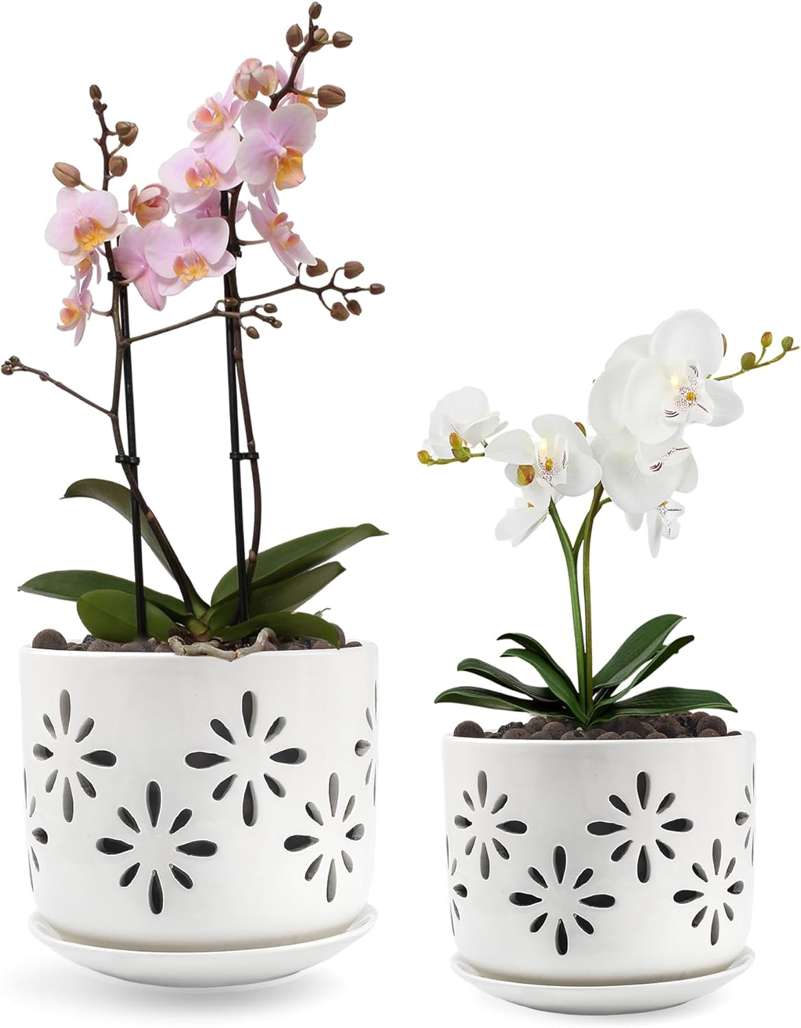 EFISPSS Maceta de orquídea de 5 + 6 pulgadas, macetas de orquídeas de drenaje de cerámica con agujeros para un crecimiento saludable de las raíces,