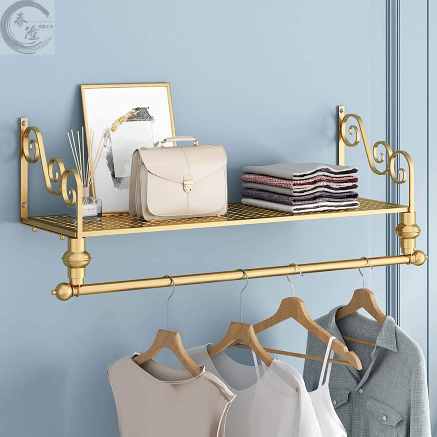 Perchero de ropa con estante superior, moderno perchero montado en la pared, estante colgante de exhibición de ahorro de espacio, barra colgante