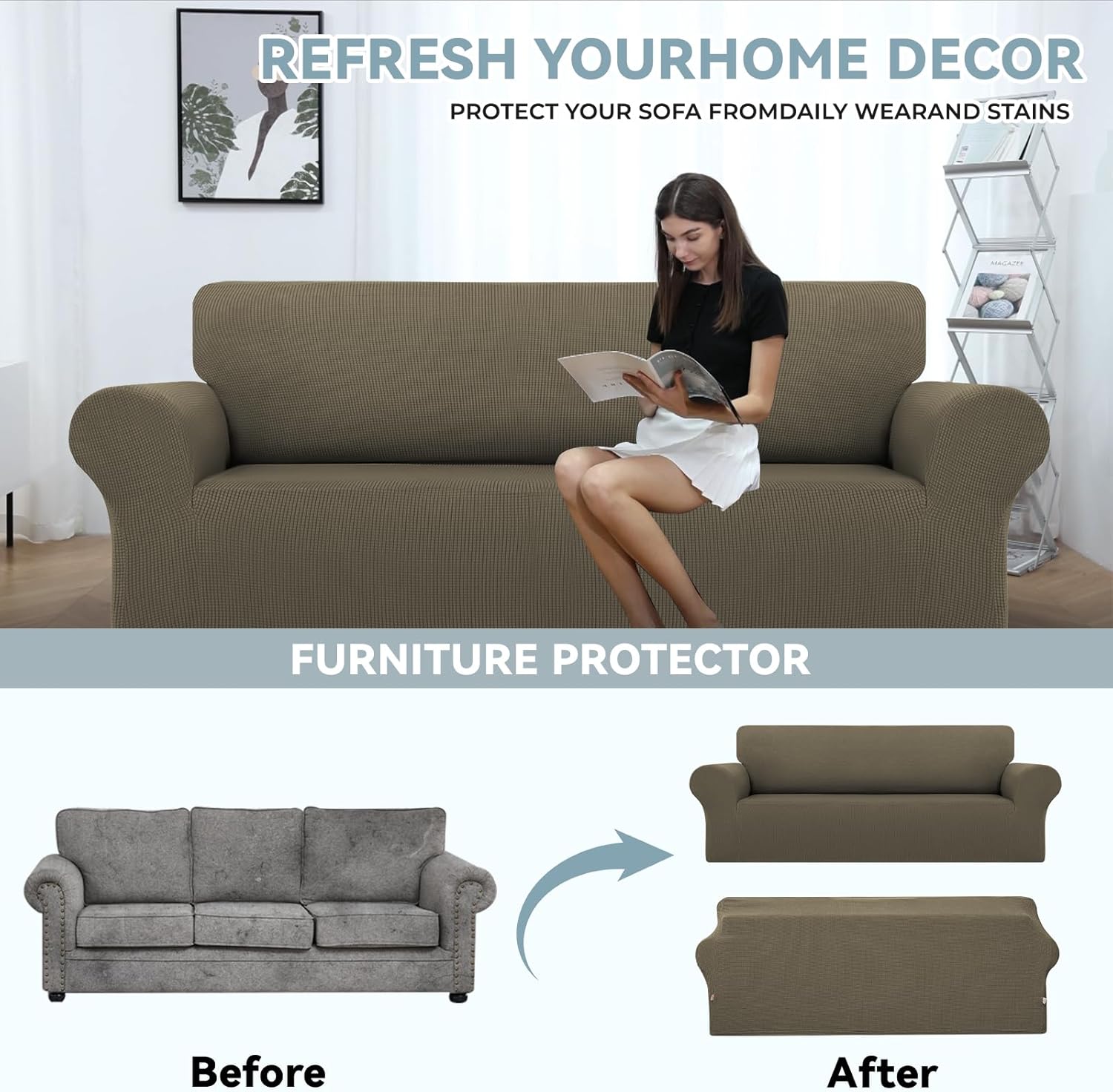 LURKA Fundas elásticas para sofá de 1 pieza, para sofá de 3 cojines, protector de muebles completo con parte inferior elástica para niños y perros