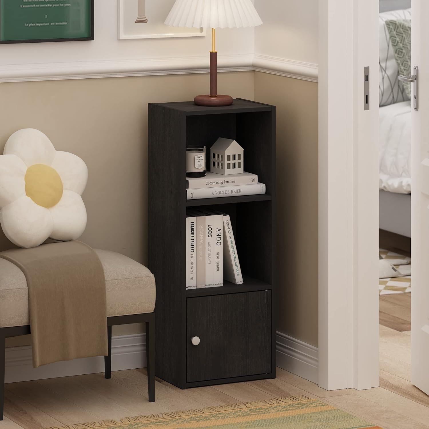 Furinno Luder Estantería con armario de almacenamiento de 1 puerta, madera negra