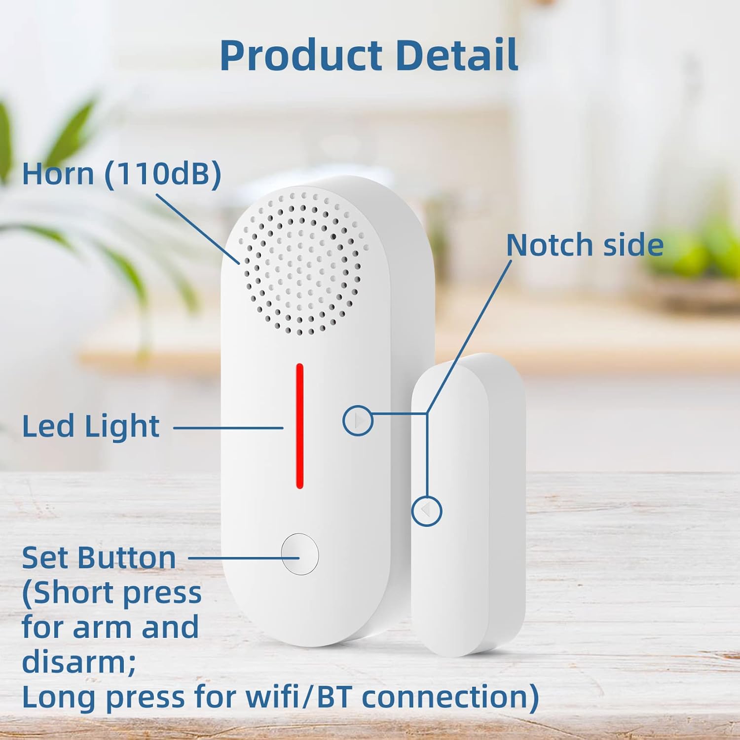 Sensor de alarma WiFi para ventana de puerta con aplicación de 2.4 GHz (con brazo de temporizador y desactivaciónretardo de tiempo) sonido