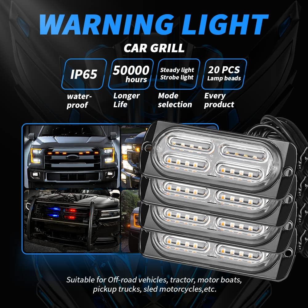 Actualizado Kit de lámparas LED de advertencia estroboscópicas de emergencia, 4 vainas, 20 LED, 18 patrones de destello para luz estroboscópica de