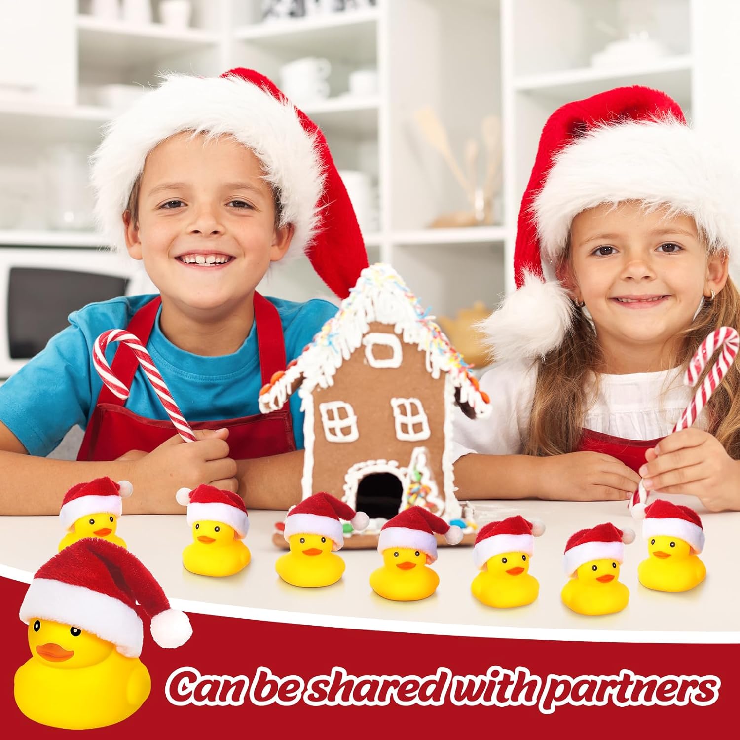 Liliful 48 patos de goma navideños con sombreros de Navidad, pequeños patos amarillos, mini patos flotantes de goma chirriantes, juguetes de baño