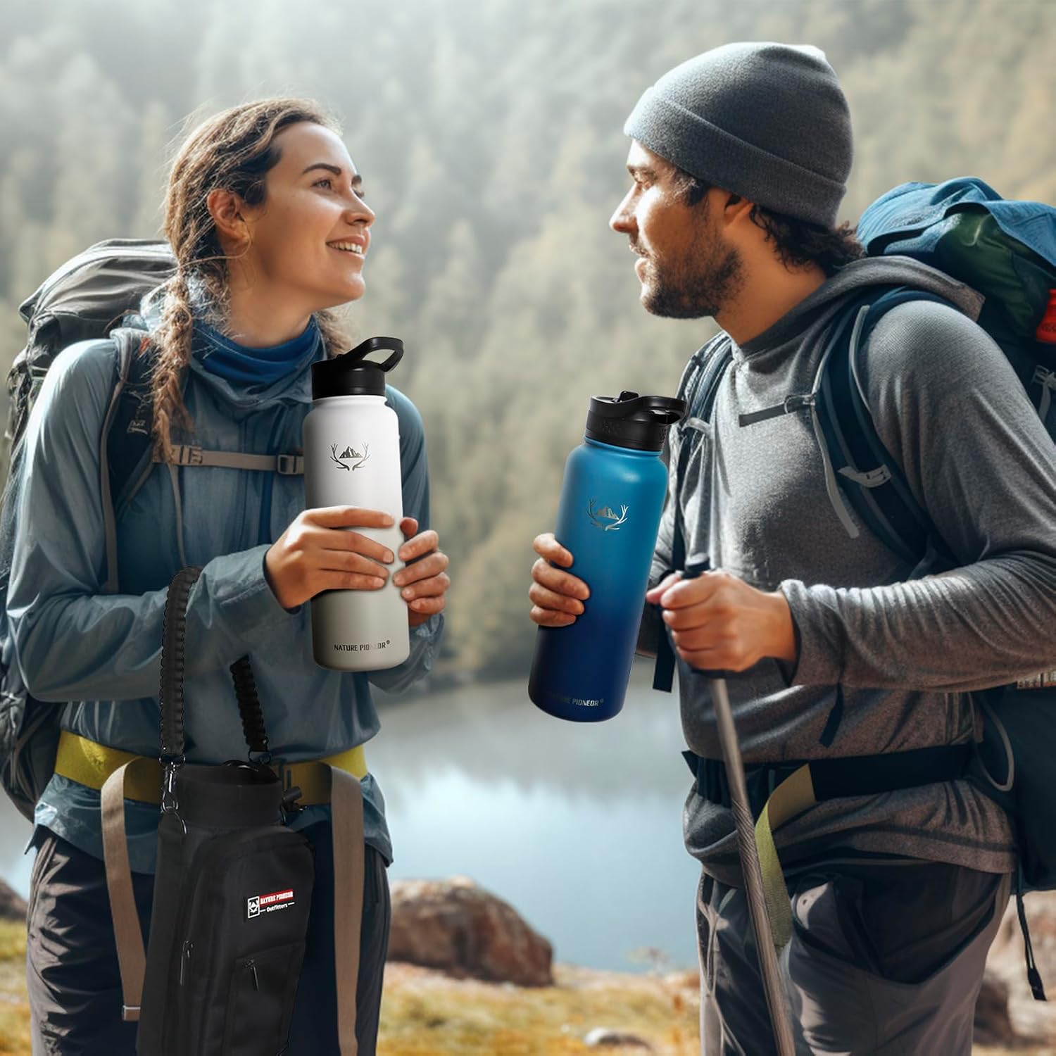 NATURE PIONEOR Botellas de agua aisladas con pajilla, botella de agua de acero inoxidable de 243240 onzas con soporte, portadorfunda, reutilizable,