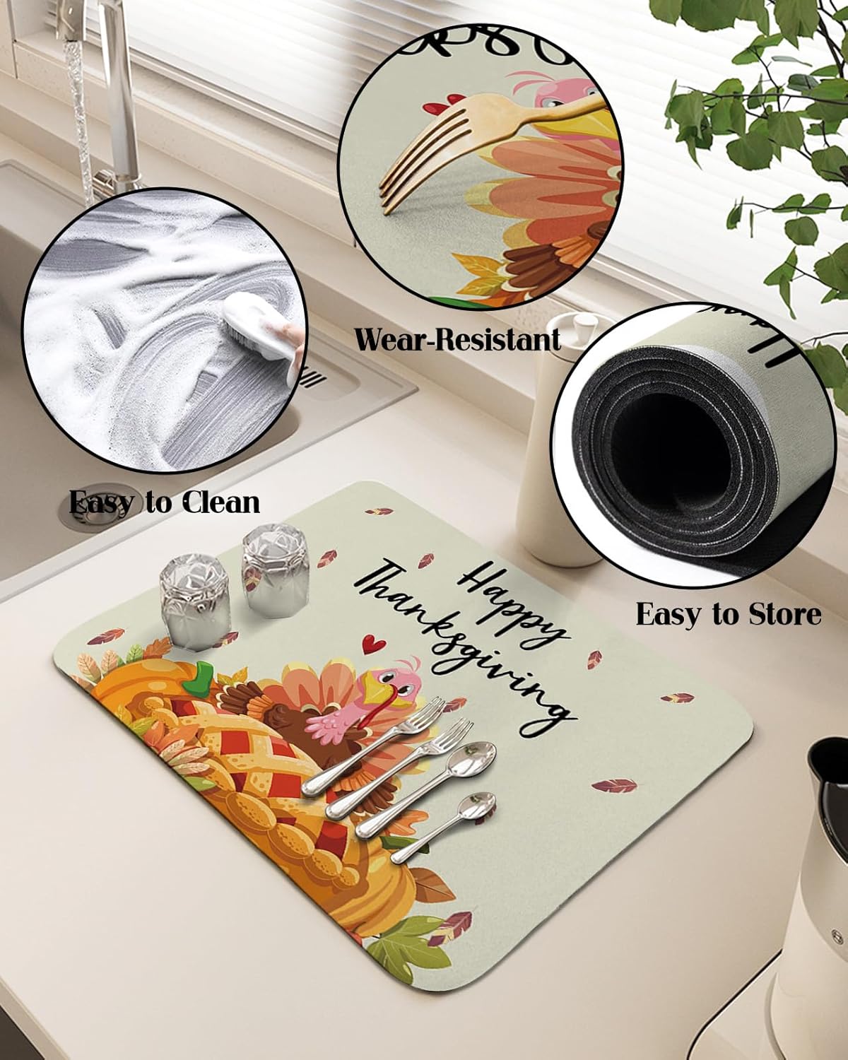 Tapete de secado de platos de Acción de Gracias para encimera de cocina, súper absorbente, de secado rápido, tapete delgado para fregadero de
