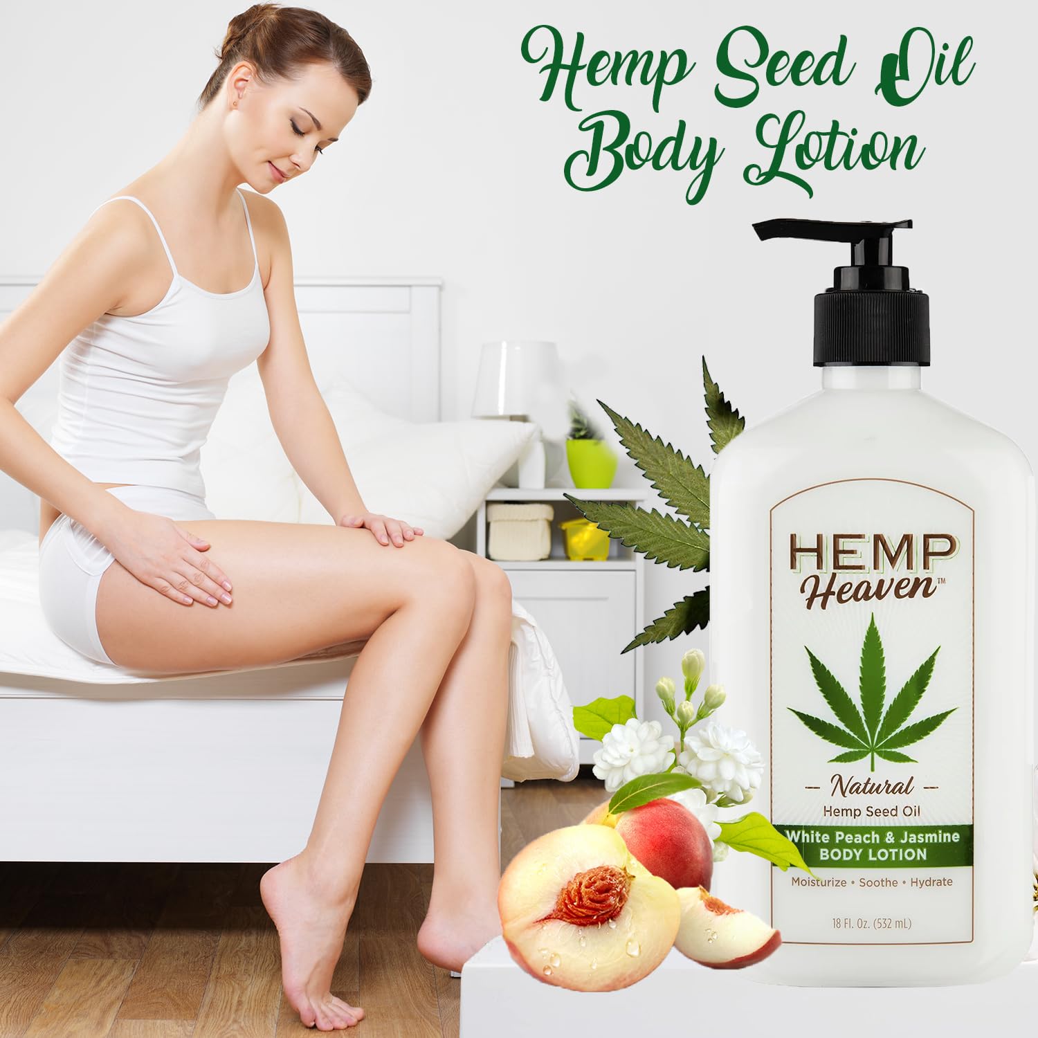 Hemp Heaven Loción corporal hidratante  Melocotón  Aroma de jazmín hecho con aceite de semilla de cáñamo natural para hombres y mujeres, 18 onzas