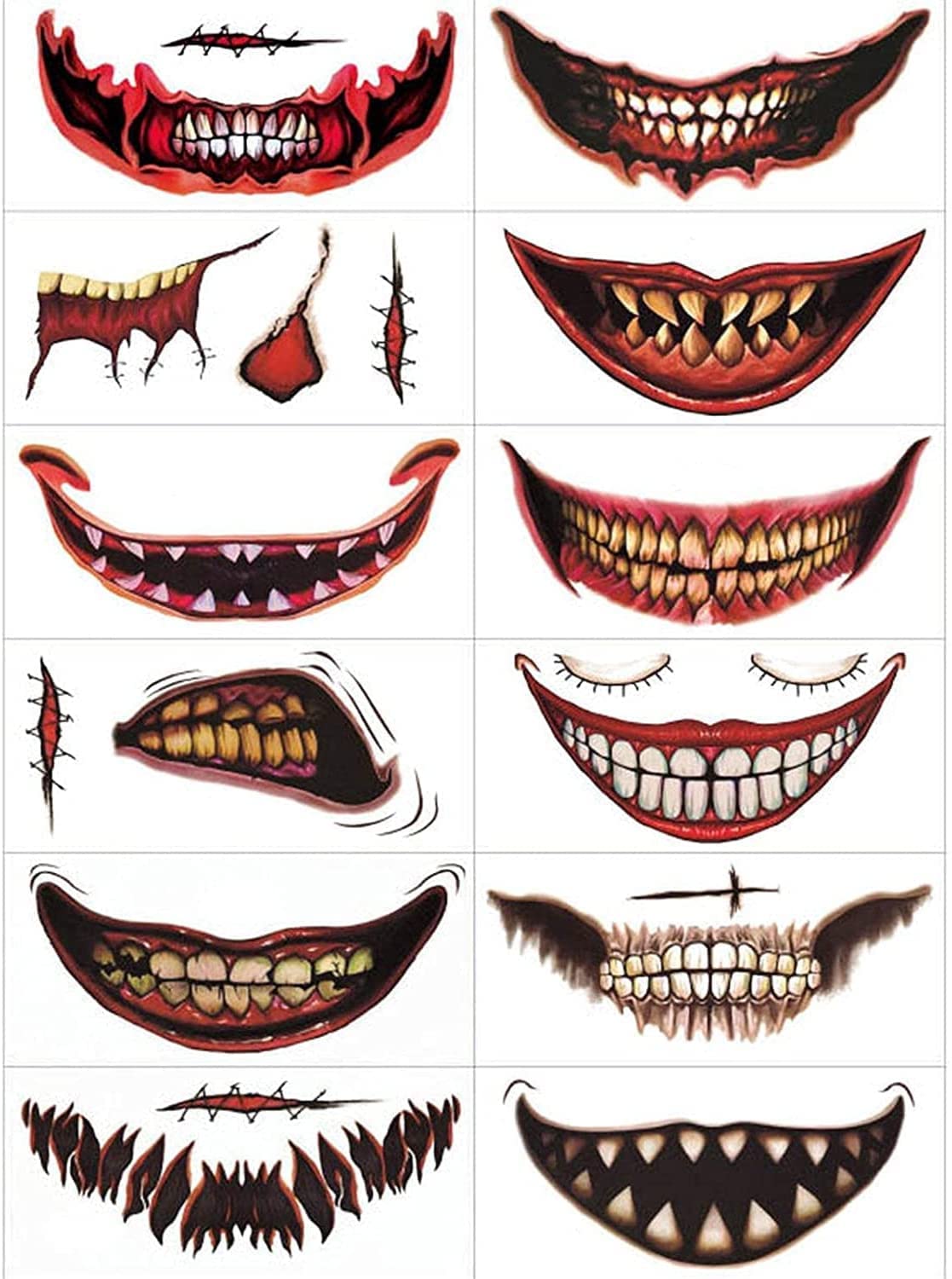 Maquillaje de broma de Halloween, tatuajes temporales de cara grande de Halloween (paquete de 12)