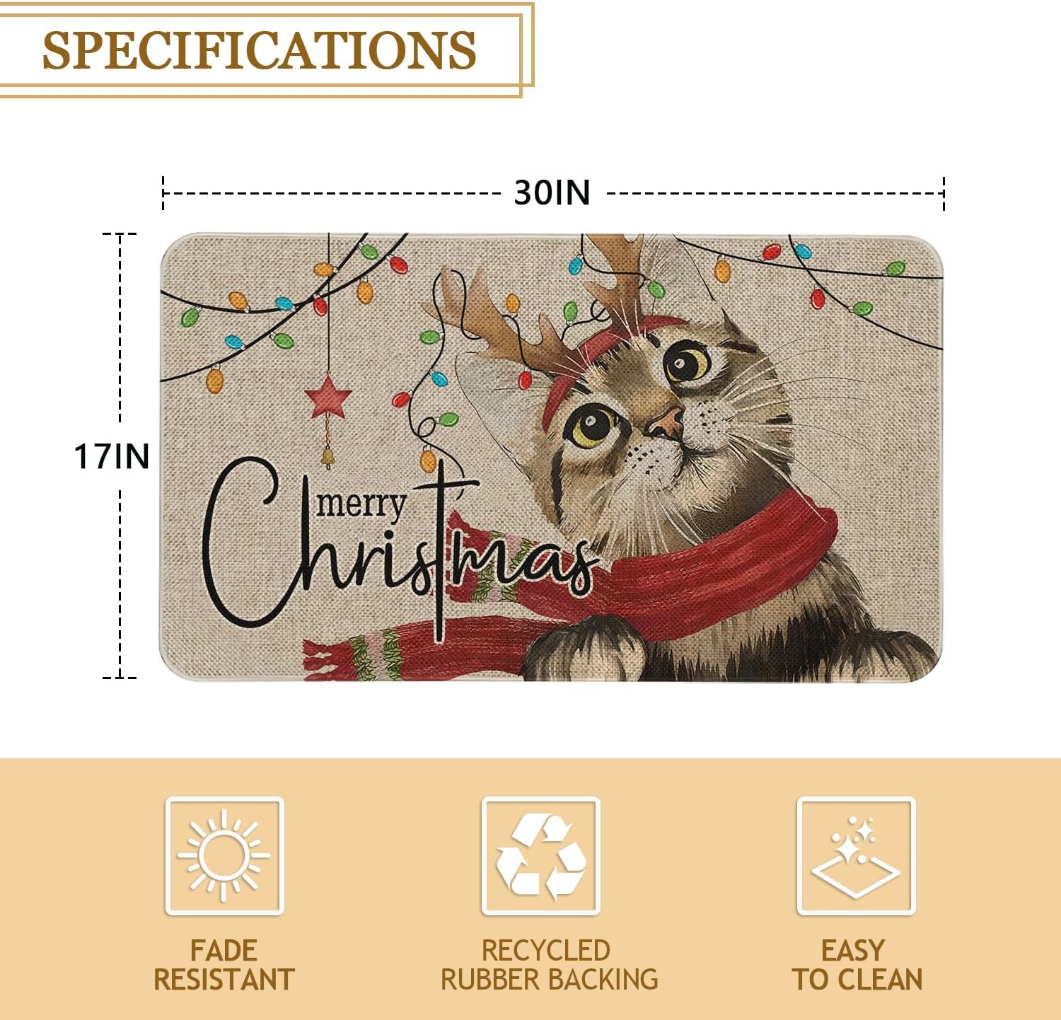 Roszwtit Tapete de puerta de gato de Navidad de 30 x 17 pulgadas, tapete de entrada para interiores y exteriores, tapete antideslizante de goma para