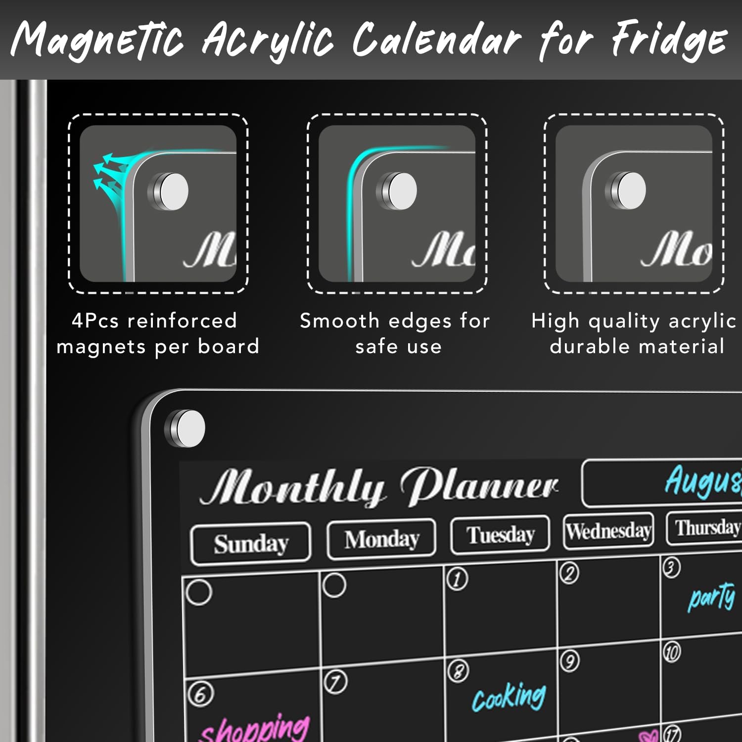 DIYMAG Calendario magnético de acrílico de borrado en seco para refrigerador, calendario acrílico transparente, tablero de planificación mensual