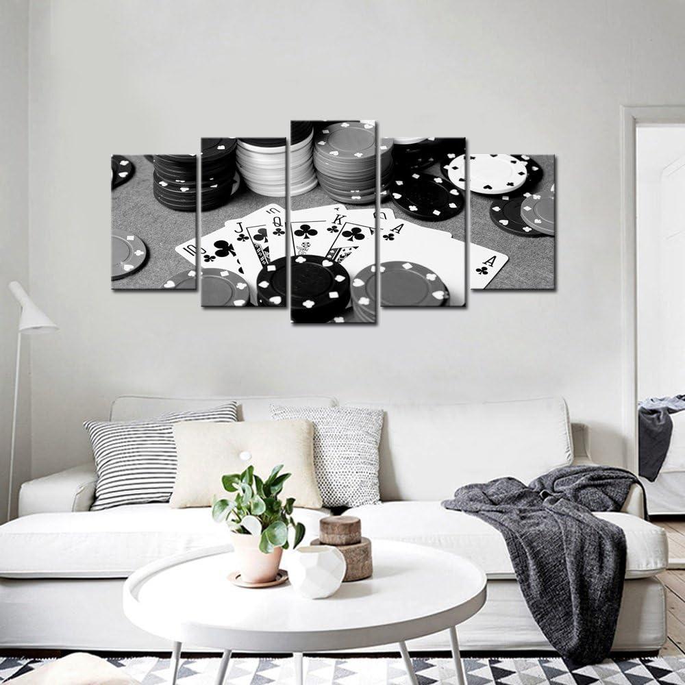 LevvArts – 5 impresiones en lienzo de póquer en blanco y negro, arte de pared para decoración de pared de pub, bar, casino, estirado y enmarcado,
