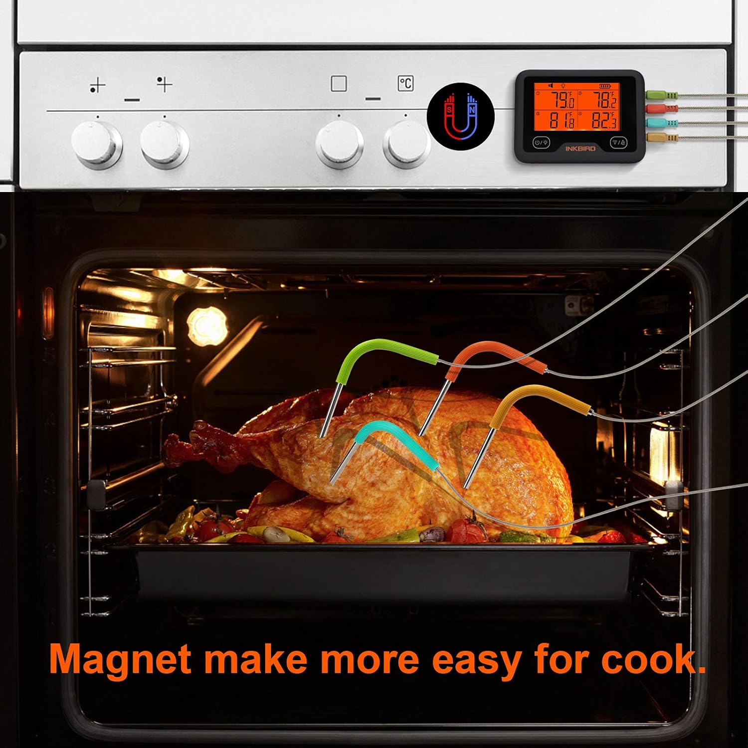 Termómetro de carne Bluetooth y WiFi IBBQ-4BW, termómetro inalámbrico inteligente para parrilla, 4 sondas de color, notificación móvil, temporizador