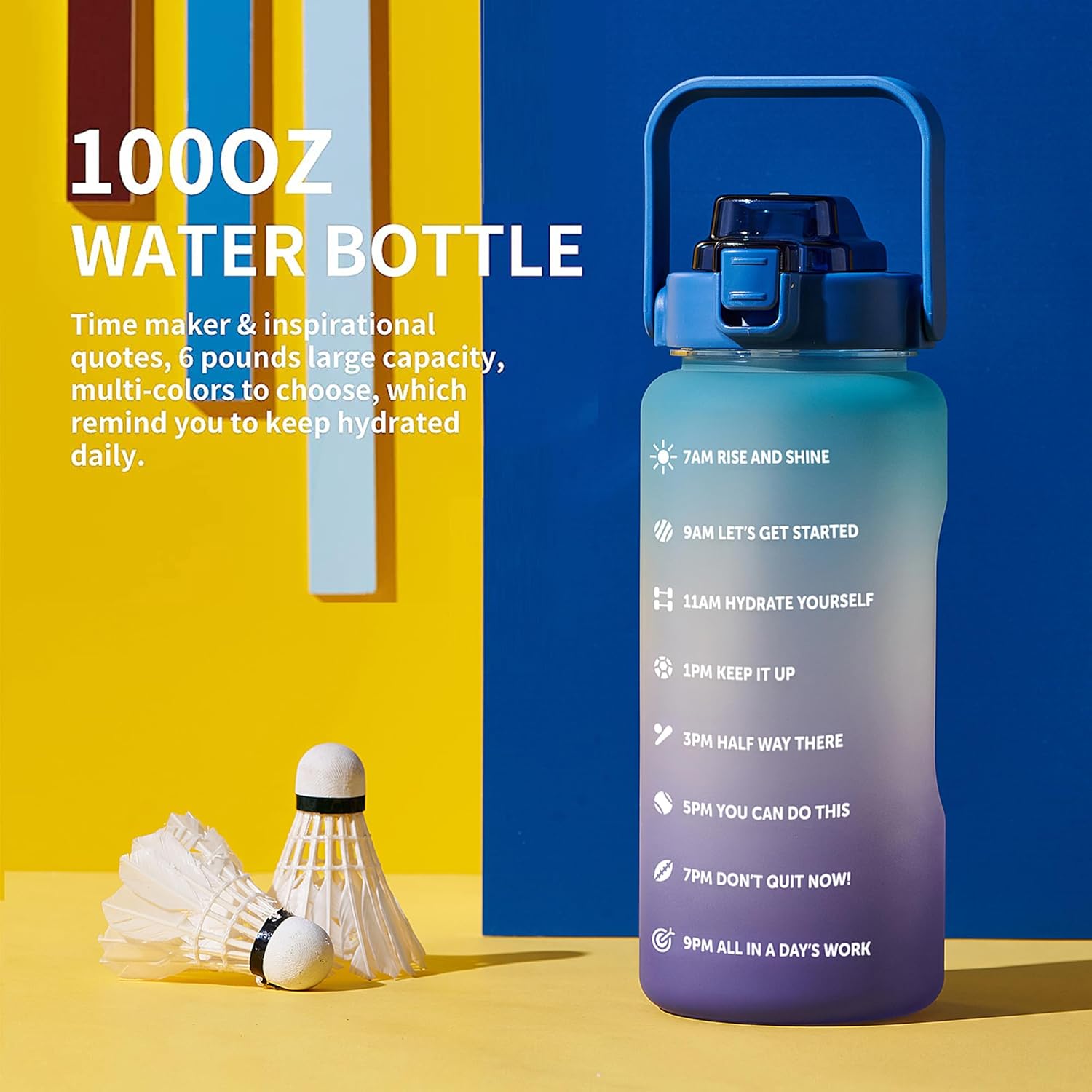 Botella de Agua Motivacional Grande de 64, 100 y 128 onzas, con marcador de tiempo, a prueba de fugas, sin bisfenol A, Botella Grande de agua de