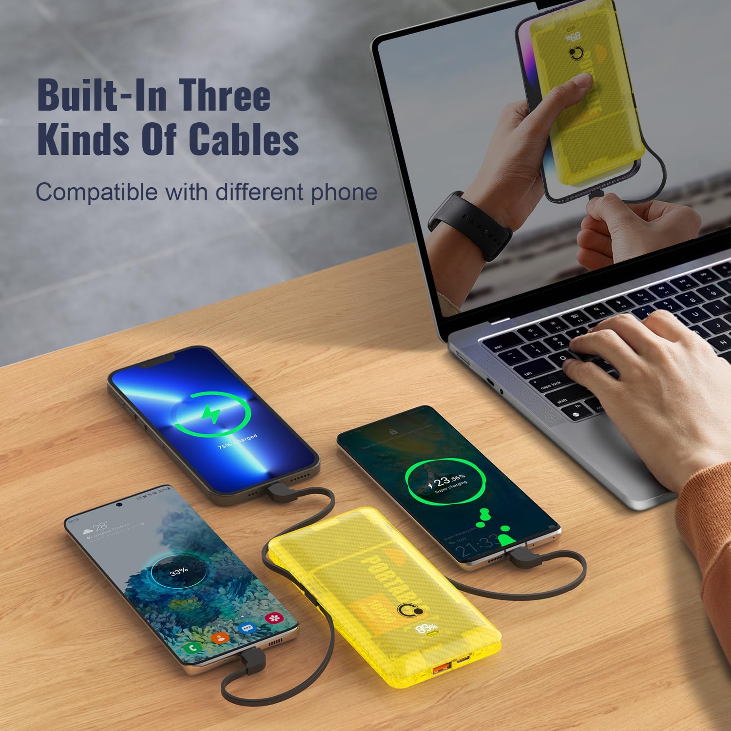 Cargador portátil de 10000 mAh con enchufe de pared de CA, cargador de teléfono Q Slim USB C de 20 W, batería externa con 3 cables integrados