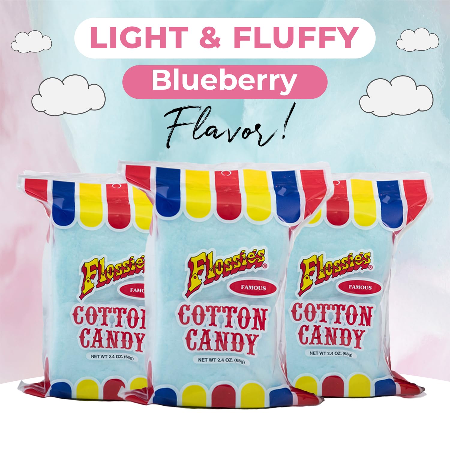 Flossie’s Famoso sabor de fiesta de algodón de azúcar azul, bolsa de 2.4 onzas (paquete de 12)