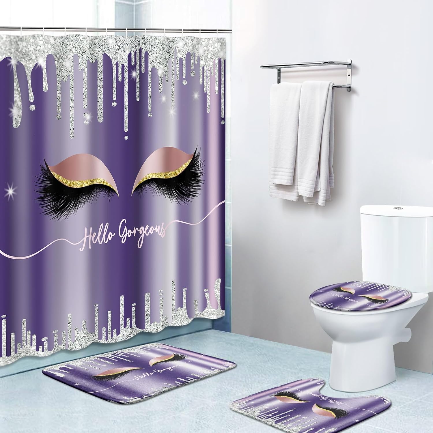Bribay Juego de 4 cortinas de ducha, pestañas color morado rosa con alfombras antideslizantes, cubierta para tapa de inodoro y tapete de baño,