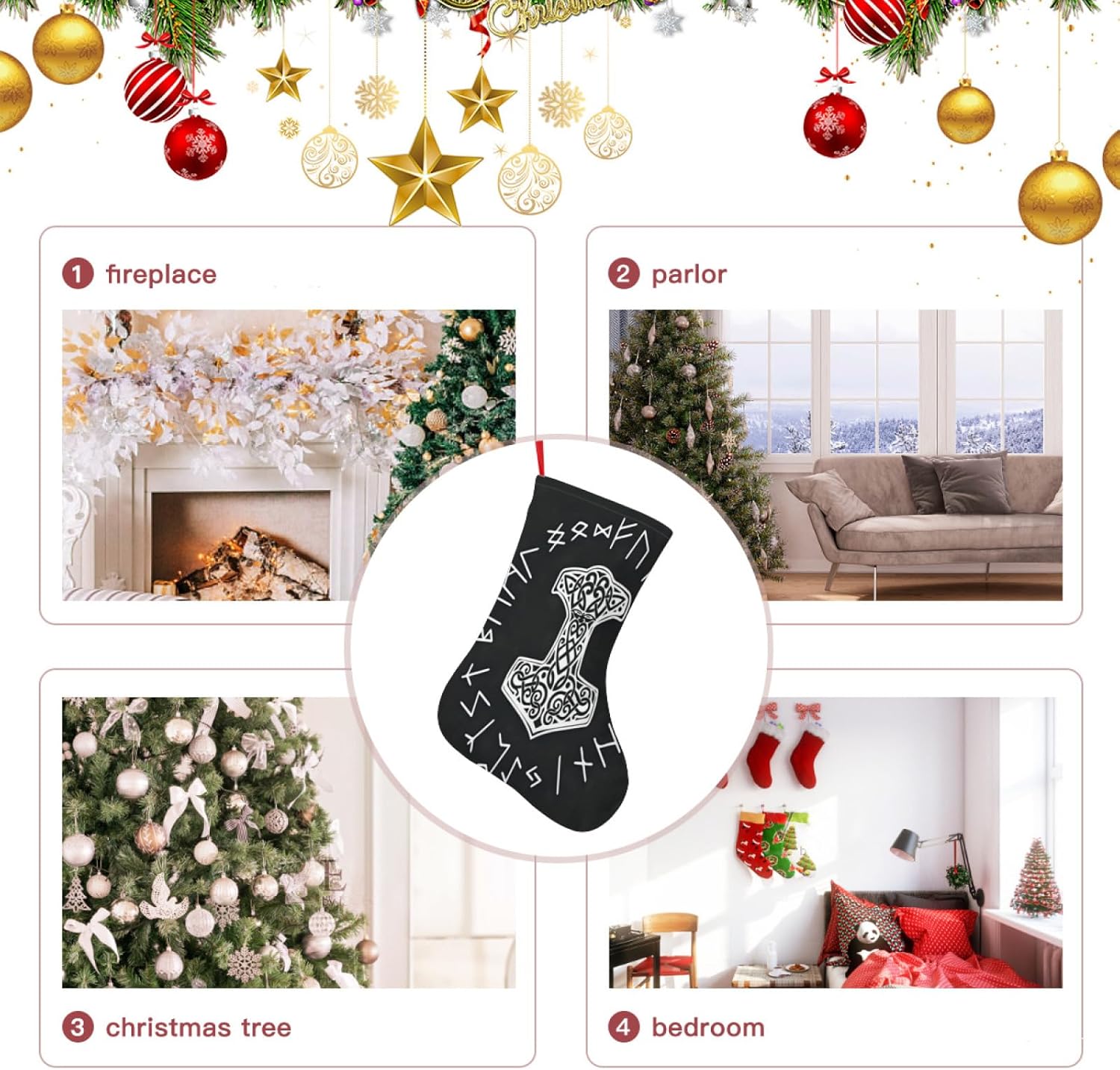 Medias de Navidad Vikingos Mjolnir, rueda de runa nórdica, símbolo de mitología nórdica, árbol de Navidad, decoraciones colgantes (10 pulgadas).