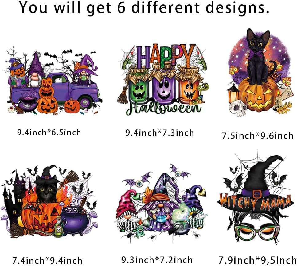 6 hojas de transferencia para planchar de Halloween, diseños de automóvil enano de calabaza, murciélago, calabaza, otoño, transferencias para