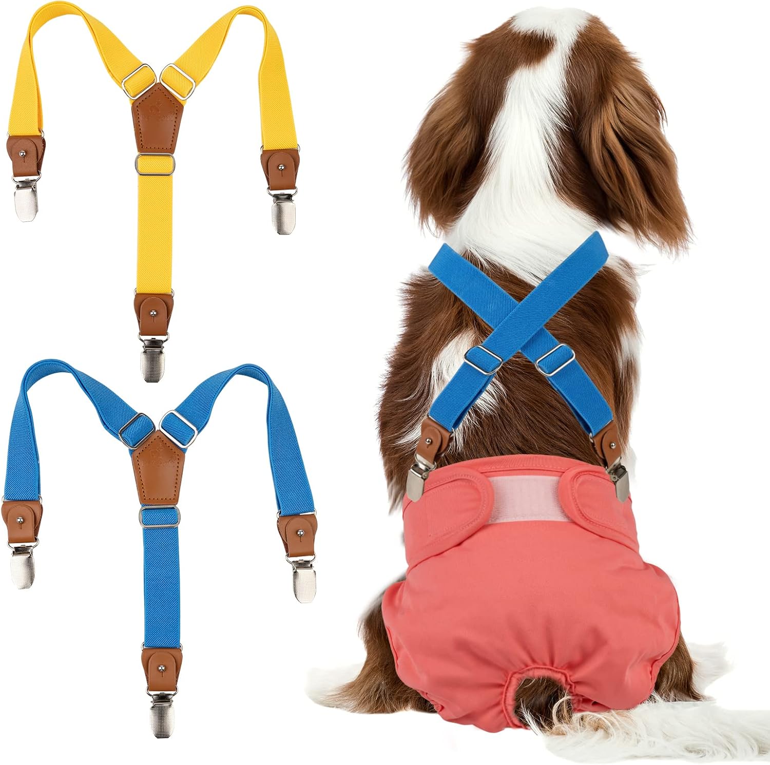Pet Soft Tirantes para perro, 2 piezas de tirantes de pañales para perras, para falda de perro, vestido para perro (dorado y azul, SM)