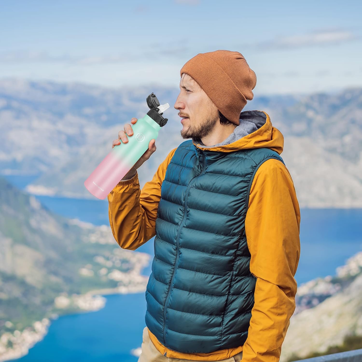 Han’s Bottle Botella de agua deportiva de 32 onzas, tapa con pajilla, a prueba de fugas, acero inoxidable aislado al vacío, doble pared, taza