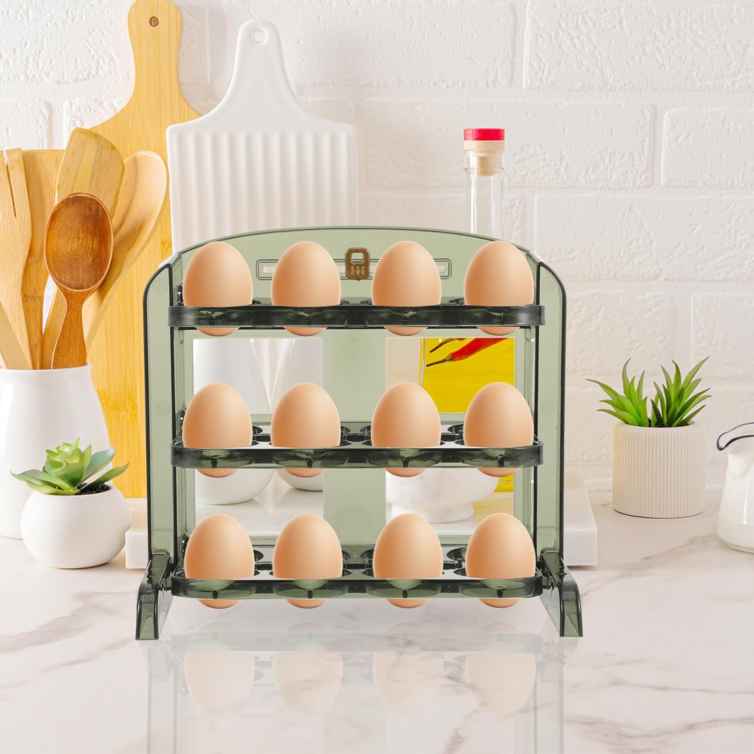 BESPORTBLE Soporte para huevos de 30 rejillas para refrigerador, contenedor de almacenamiento de huevos abatible de 3 capas para puerta de