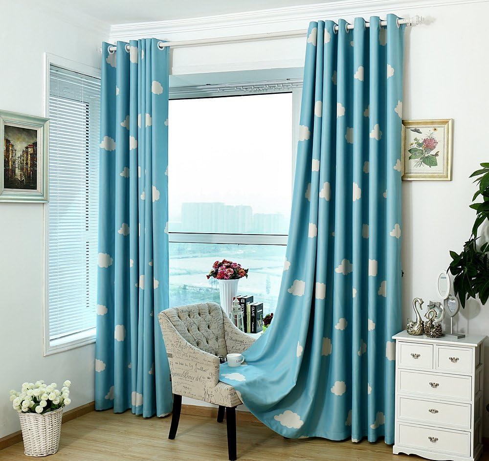 GYROHOME Cortina de nube azul y blanca con ojales en la parte superior, aislamiento térmico, oscurecimiento de habitación, ahorro de ruido,