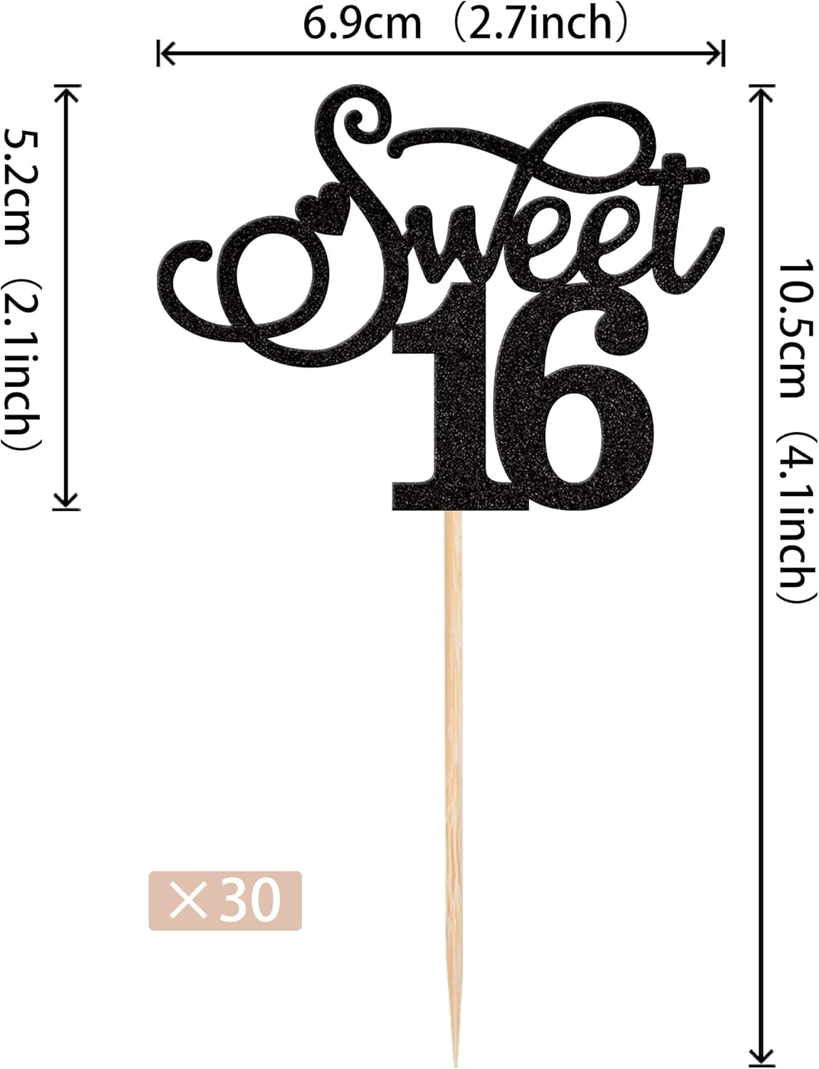 Rsstarxi Paquete de 30 adornos para cupcakes con purpurina de 16 años de edad, diseño de corazón de amor, para cumpleaños de 16 años, bodas,