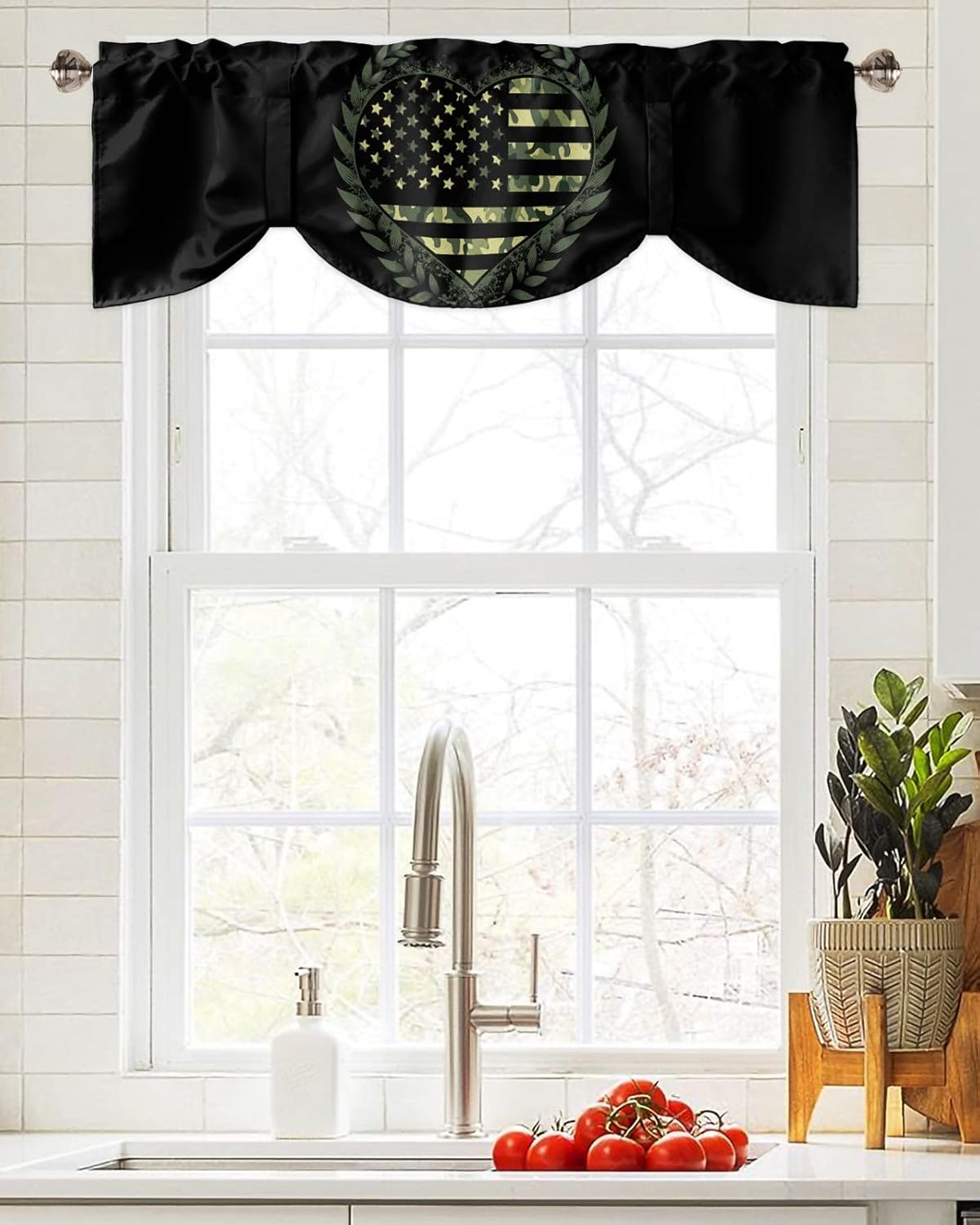 zzsunfeel Cortina de cenefa con amarre de 42 x 12 pulgadas para ventanas, tratamientos de ventana ajustables de camuflaje para cocina, sala de